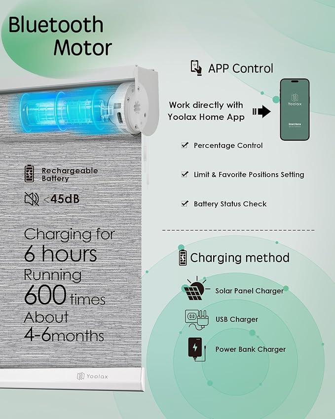 Yoolax Motorized Blinds App Control, Light Filtering Motorized Shades for Windows, Cordless Automatic Roller Shades for Bedroom Living Room Office(Light Filtering Jacquard Gray, 24" W x 72" H)