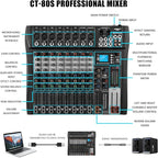 8 Channel Professional Audio Mixer with 48V Phantom Power, USB Audio Interface, Bluetooth & MP3 Player, Sound Board for Podcast, Home Studio, Live Streaming & Recording
