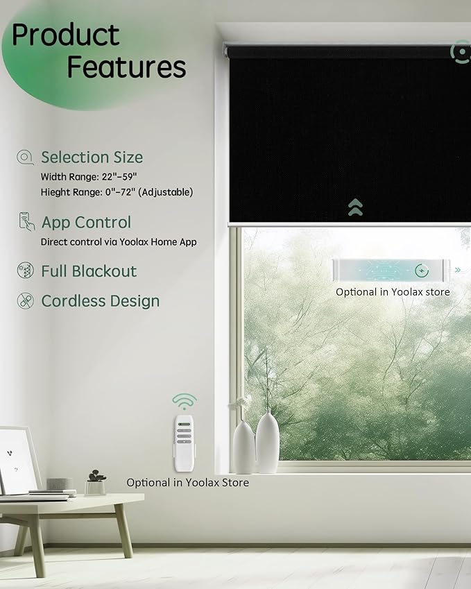 Yoolax Motorized Blinds App Control, Blackout Roller Shades for Windows, Cordless Automatic Shades Roller Window Blinds for Bedroom Living Room Office (Blackout Apex Black, 36" W x 72" H)