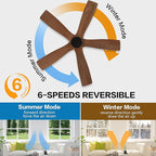 WINGBO 54" Flush Mount DC Ceiling Fans without Lights, 5 Carved Solid Wood Blades, 6-Speed Reversible DC Motor, Low Profile Hugger Ceiling Fan No Lights for Living Room Bedroom Patio, Black and Walnut