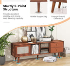 Giantex Mid Century Modern TV Stand for TVs up to 65", Wood Entertainment Center with Open Storage Shelves, PE Rattan Sliding Doors & Drawers, Media TV Console Table for Living Room (Walnut)