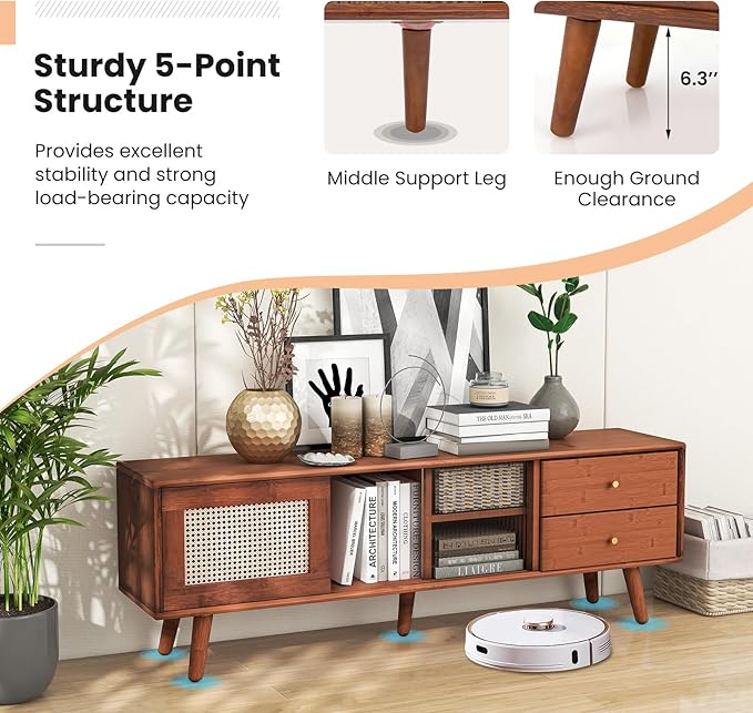 Giantex Mid Century Modern TV Stand for TVs up to 65", Wood Entertainment Center with Open Storage Shelves, PE Rattan Sliding Doors & Drawers, Media TV Console Table for Living Room (Walnut)