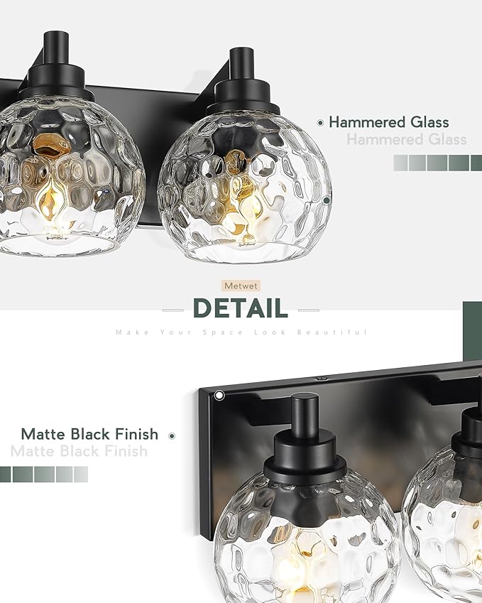 METWET Bathroom Light Fixtures Over Mirror, 26" Matte Black Vanity Light with Clear Hammered Glass Globe Shade, 4-Light Modern Sconces Wall Lighting for Bedroom Hallway, VL200-MB-CL-4