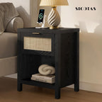 SICOTAS Black Nightstands Set of 2 with Charging Station - Boho Rattan Night Stand with Drawer, Modern Bedside Table with USB and Type-C Ports, Bed Side Tables for Bedroom, Black Oak, 2 PCS
