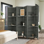 HOMCOM Room Divider, 6 Panel 67" Tall Wood Privacy Screen with 3 Display Shelves, and Folding Storage for Bedroom or Home Office, Gray