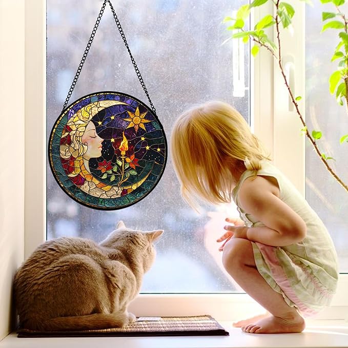 DASTOLL Stained Glass Window Hanging, Moon Goddess Torch Suncatcher Diamond Glass Panel Hangings Dream Sun Catchers Decor for Birthday for Women, Men, Wife, Aunt, and Mom 6.3 in