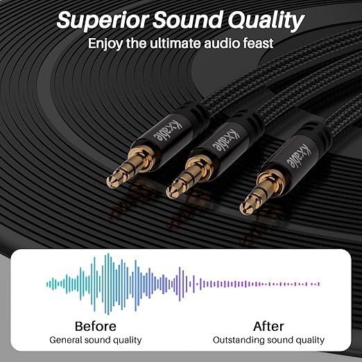Kxable 1/8 Inch TRS Stereo Y Splitter Cable 10FT, 3.5mm Male to 2-Male Y-Splitter Stereo Audio Cable, for Cell Phone PC Laptop, Speaker, Headphones, Suitable for Switching or Two Sets of Speakers