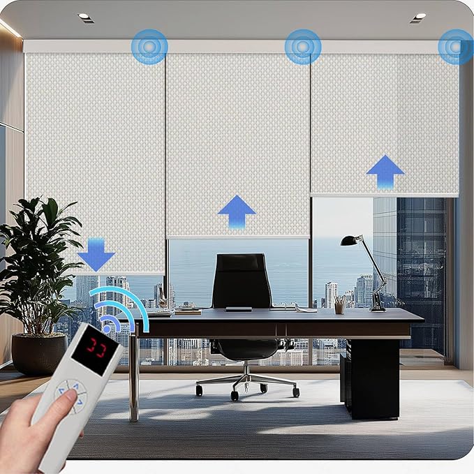 COOLWINDS Motorized Blinds with Remote Cordless Automatic Motorized Shades Custom Blinds for Windows Smart Curtains Compatible with Alexa Google Home(Solar Beige,W33 x H72in)