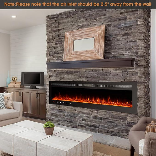 80 inch Ultra-Thin Electric Fireplace Recessed and Wall Mounted with Touch Screen Control Panel/Remote Control- Timer,Realistic 5 Flame - Log & Crystal Hearth Options
