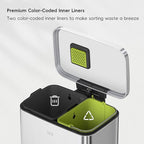 EKO Madison Brushed Stainless 25L+20L Dual Compartment Step Trash Can with Inner Liner, Recycling Bin, Soft-Close Lid, Fingerprint-Resistant Finish, and Durable Stainless Steel for Home and Office