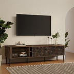 LuxenHome TV Stand for Living Room up to 80'' TVs, 71" Mid Century Modern Dark Oak Finish Wood with Basket Weave Design Entertainment Center with Storage, Media Console TV Console Cabinet for Entryway