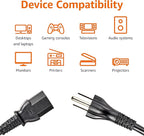 Amazon Basics PC Power Cord, 10 feet, AC Power Cord for Monitor, Computer, TV, 3 Prong, 18 AWG, 125 Volts, Black