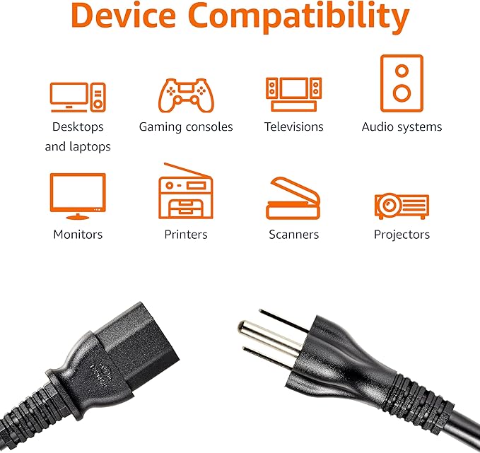 Amazon Basics PC Power Cord, 6 feet, AC Power Cord for Monitor, Computer, TV, 3 Prong, 18 AWG, 125 Volts, Black