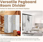 ALeesing 4 Panel Pegboard Wood Room Divider, 5.6Ft Pegboard Display Folding Privacy Screens, Peg Board Display Freestanding for Trade Show Craft Show Home Wall Organizer, Retro White