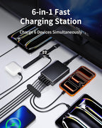 USB C Fast Charger, 105W GaN 6-Port Desktop USB Charging Station Hub, USB C Charger Block Wall Charger for iPhone 17/16/15/14/13/12/11, iPad, Samsung and More (Cable Organizer Included)