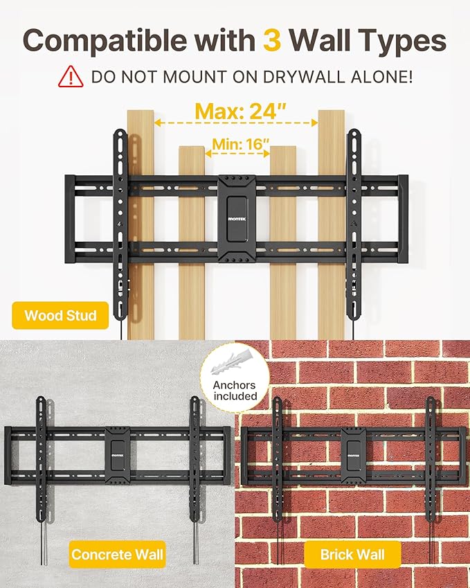 monTEK Heavy Duty Fixed TV Wall Mount for 43–95 Inch TVs, 1.1" Ultra Slim Low Profile Bracket, 200 lbs Capacity, Max VESA 800x400mm, Fits 16"/18"/24" Studs, Space-Saving for Large Flat & Curved TVs