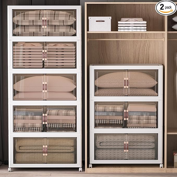 Extra Large Stackable Storage Bins with Lids & Wheels, 1344QT-168QT/42GAL*4Pack Foldable Collapsible Closet Organizers Storage Cabinet with Doors for Bedroom Dorm