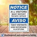Brimar - 10" x 14" - Bilingual All Visitors Report Site Office Sign - .055″ Polyethylene Plastic - Bold Text And Symbol - Easy Installation