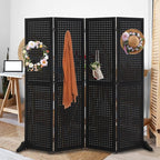 Bonnlo 4 Panel Pegboard Freestanding, 5 FT Portable Display Board Organizer for Craft Show Jewelry, Wooden Folding Privacy Screen Room Divider (with Base, Black)