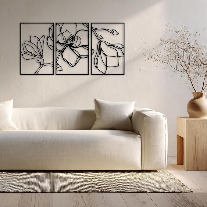 Wita Home Poppy Flower Metal Wall Art, 3-Panel Botanical Line Design, Modern Floral Wall Decor for Living Room, Bedroom, Office, Indoor & Outdoor Display (55×27 inches)