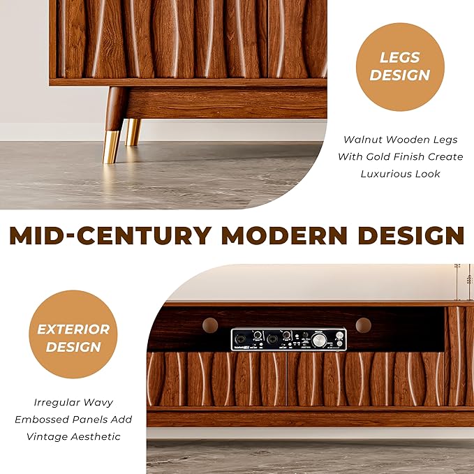 ATJafurn 55‘’ Brown Walnut Finish TV Stand for 32/43/55 Inch TVs, Mid Century Modern Wood Media Console Entertainment Center with Drawer and 2 Cabinets for Living Room Bedroom