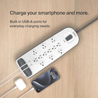 Belkin USB Power Strip Surge Protector - 12 AC Multiple Outlets & 2 USB Ports - 6 ft Long Flat Plug Extension Cord for Home, Office, Travel, Computer Desktop & Charging Brick - White (3,996 Joules)