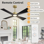 WINGBO 64" Wet Rated Outdoor Ceiling Fan with Lights, 4 ABS Plastic Blades, Reversible DC Motor, 6-Speed Remote Control, 3 CCT, Waterproof Ceiling Fan for Patio Porch Gazebo Garage, Brass and Black