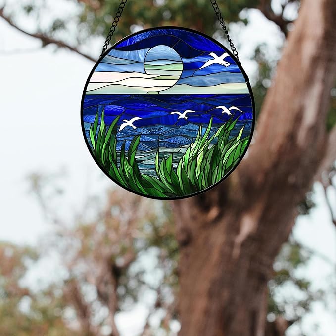 AMDERVEN Stained Glass Window Hanging 4 Pcs Set Navy Blue Ocean Landscape Large 15" - Suncatcher Door Garden Sun Catcher Decor Birthday Mother's Day for Mom Woman Nana Girl Boy Friend