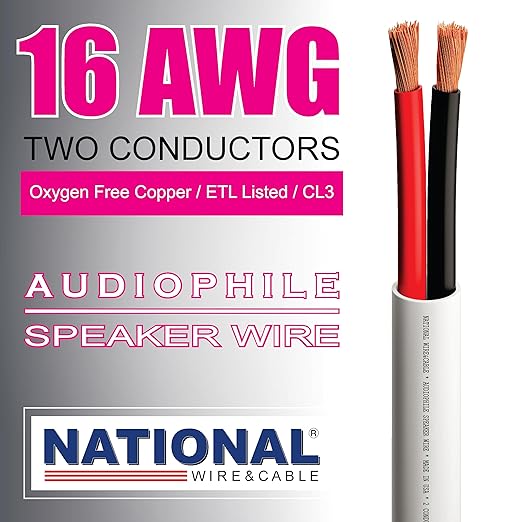 NATIONAL Wire&Cable - 16/2 Audiophile Speaker Wire (500 Feet) 16AWG Gauge - Made in USA - in Wall Audio Speaker Wire Cable/CL Rated/ETL Listed / 2 Conductors - OFC Oxygen-Free Copper, White 500ft