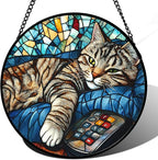 DASTOLL Stained Glass Window Hanging Gray Cat and Remote Control 6.3" - Suncatcher Door Garden Kitchen Sun Catcher Home Decor Birthday for Lost Pets Mom Men Woman Friend Grandma