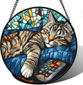 DASTOLL Stained Glass Window Hanging Gray Cat and Remote Control Large 15" - Suncatcher Door Garden Kitchen Sun Catcher Home Decor Birthday for Lost Pets Mom Men Woman Friend Grandma