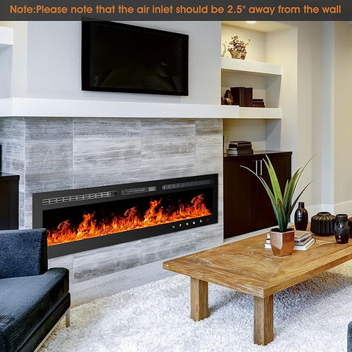 60 inch Ultra-Thin Electric Fireplace Recessed and Wall Mounted with Touch Screen Control Panel/Remote Control- Timer,Realistic 5 Flame - Log & Crystal Hearth Options