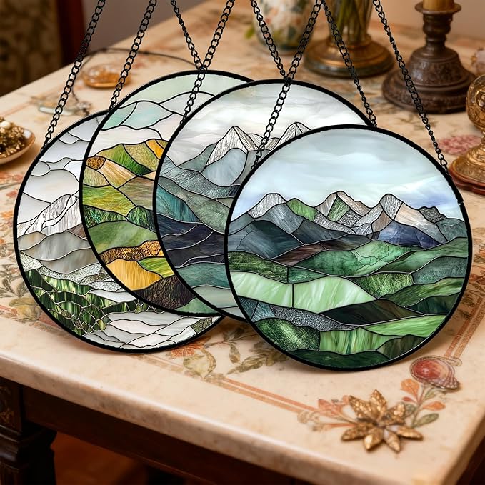 AMDERVEN Stained Glass Window Hanging 4 Pcs Set Mountain River Landscape 7.8" - Suncatcher Door Garden Sun Catcher Decor Birthday Mother's Day for Mom Woman Nana Girl Boy Friend
