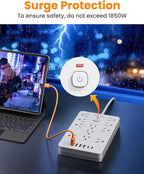 Bawmwim Surge Protector Power Strip - 11 Outlets(1850W/15A) with 6 USB Ports(2 USB C), 6FT Flat Plug Extension Cord, Wall Mount, White,Listed for Home, Dorm Room