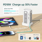 Surge Protector Power Strip Tower with PD18W USB C Port,10FT Extension Cord with 12 AC Mutiple Outlets 5 USB Charging Ports, PASSUS Power Tower Surge Protection for Home Office Dorm Room