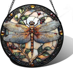 DASTOLL Stained Glass Window Hanging - Dragonfly Plant Suncatcher Ready to Hang Window Doors Home Decoration, Christmas, Mother's Day Birthday Gifts for Women, Men, and Mom 6.3X6.3IN