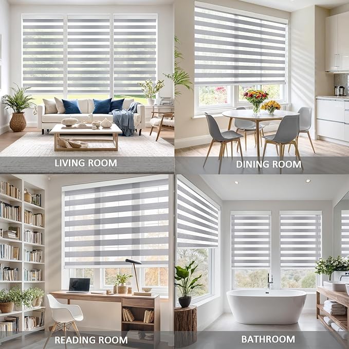 COOLWINDS Motorized Zebra Blinds for Windows Cordless Electric Curtains with Remote Control Blackout Shades Custom Smart Blinds Compatible with Alexa Google Home(Light Filtering Grey,W43 X 72in)