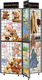 DEMEGA 360° Foldable Grid Wall Panel, Three 6' x 4.25' Ft Double Side Gridwall Display Stand with Notice board, Heavy Duty Sturdy Floorstanding Wire Grid Rack, Movable Wheel for Retail Art Craft Fairs