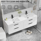 eclife 60" Bathroom Vanities Cabinet with Sink Combo, Wall Mounted Floating Cabinet W/Decor Line, Soft-Close System, 4 Extra Big Drawers, Matte Black Faucet, White