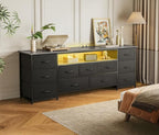 Huuger 63 Inch TV Stand for 65, 70 Inch TV, 11 Drawer Long Dresser with Power Outlets and LED Lights, Entertainment Center with Storage, Grey Dresser with PU Leather Surface
