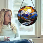 AMDERVEN Stained Glass Window Hanging, Yellow Blue Sunset Mountains Scenery Sun Catcher for Window Home Decor Landscape Suncatcher Mother's Day Birthday Gifts for Women Men Mom and Nana 6.3 in