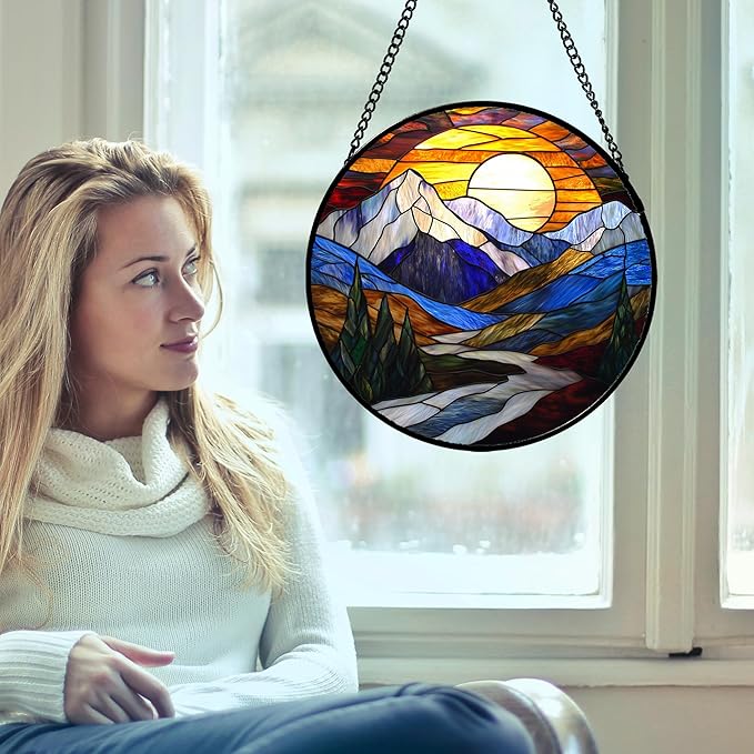 AMDERVEN Stained Glass Window Hanging, Yellow Blue Sunset Mountains Scenery Sun Catcher for Window Home Decor Landscape Suncatcher Mother's Day Birthday Gifts for Women Men Mom and Nana 9.8 in