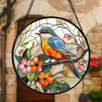 DASTOLL Stained Glass Window Hanging, Blue Bird Pink Flower Suncatcher Diamond Glass Panel Bird Sun Catchers Decor for Birthday for Women, Men, Wife, Aunt, and Mom 7.8 in