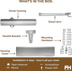 Finsbury Commercial Door Closer Automatic Heavy Duty High Traffic Adjustable ANSI/BHMA Grade 1, UL Listed ADA Compliant Hydraulic Backcheck Delayed Action Latch Speed 1-6 Power (Aluminum)