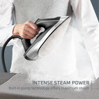Rowenta Iron Steamer for Clothes Master Steam Station, Professional Steam Iron for Clothes with Stainless Steel Soleplate, 57 Oz, 400 Microsteam Holes, Built-In Pump, 1750 Watts, Black/Green, VR8338