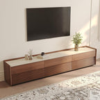 POVISON Fully-Assembled Mid Century Matte Sintered Stone TV Stand, 94.49" Wood Media Console with Adjustable LED Light, Entertainment Center with Storage for Living Room