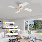WINGBO 48 Inch Flush Mount Ceiling Fan without Light - 4 Plywood Blades, 6-Speed Reversible DC Motor, Noiseless Low Profile Ceiling Fan No Light for Bedroom Living Room, Gold and White