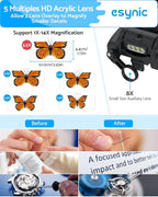 eSynic Type-C Rechargeable Magnifying Glasses Headset-Up to 14X Magnification-5 Interchangeable Lens-3 LED Lights -2 Adjustable Brightness Levels-Comfort & Fit Headband Magnifier for Crafts/Reading