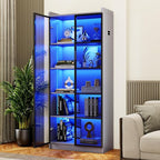 Dystler 65" Tall Display Cabinet with Doors, Lighted Bookcase with Lights/Human Sensor, 5 Tier Display Case with Adjustable Shelves for Collectibles Bedroom Living Room Office, Grey-Smoked Black Door