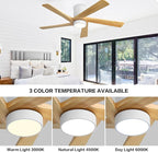 WINGBO 48 Inch Flush Mount DC Ceiling Fan with Lights and Remote, 5 Reversible Carved Wood Blades, 6-Speed Noiseless DC Motor, Hugger Ceiling Fan in White Finish with Oak Blades, ETL Listed